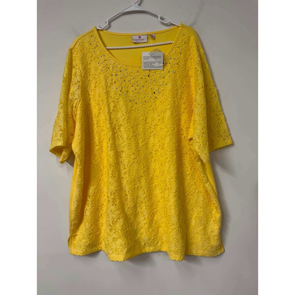 New Quacker Factory 3X Yellow Lace Rhinestone Pearl Embellished Top Short Sleeve